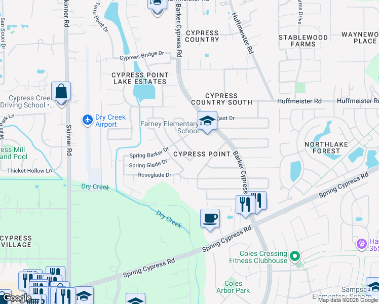 map of restaurants, bars, coffee shops, grocery stores, and more near 14318 Pelican Marsh Drive in Cypress