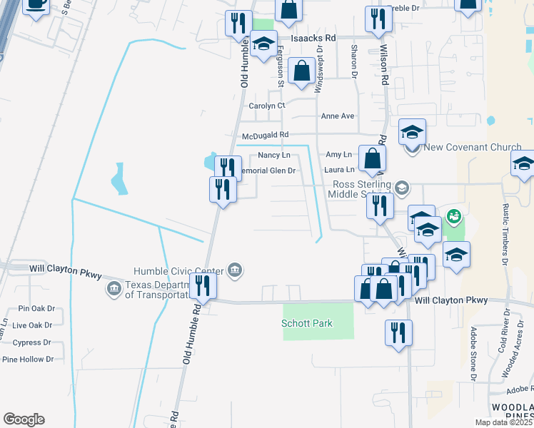 map of restaurants, bars, coffee shops, grocery stores, and more near 1103 Rebecca Lane in Humble
