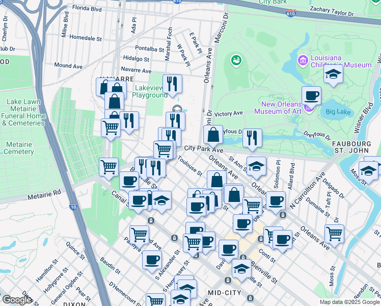 map of restaurants, bars, coffee shops, grocery stores, and more near 4724 Saint Peter Street in New Orleans