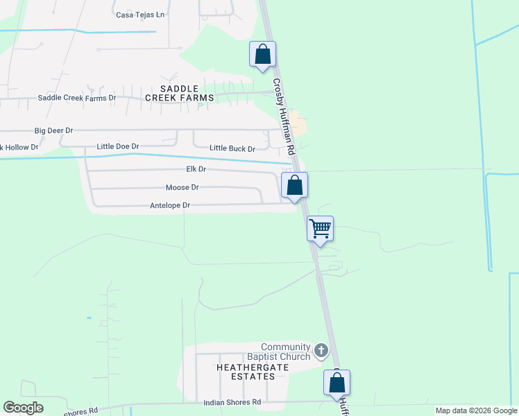 map of restaurants, bars, coffee shops, grocery stores, and more near 203 Antelope Drive in Crosby