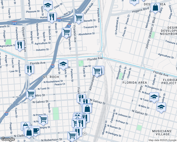 map of restaurants, bars, coffee shops, grocery stores, and more near 2843 North Dorgenois Street in New Orleans