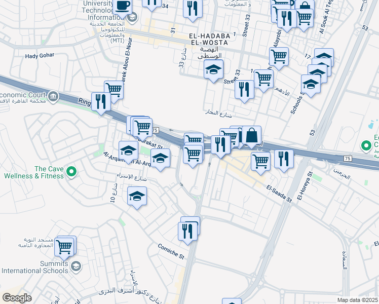 map of restaurants, bars, coffee shops, grocery stores, and more near Maadi City Center Entrance in El Basatin