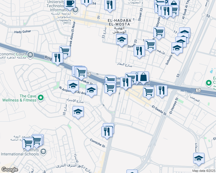 map of restaurants, bars, coffee shops, grocery stores, and more near Maadi City Center Entrance in El Basatin