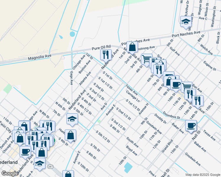 map of restaurants, bars, coffee shops, grocery stores, and more near 307 South 2nd Street in Nederland