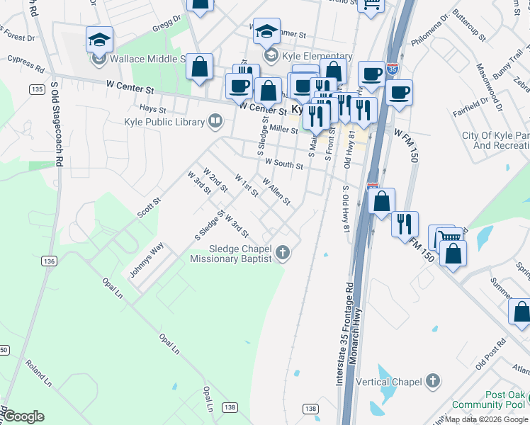 map of restaurants, bars, coffee shops, grocery stores, and more near 402 West 2nd Street in Kyle