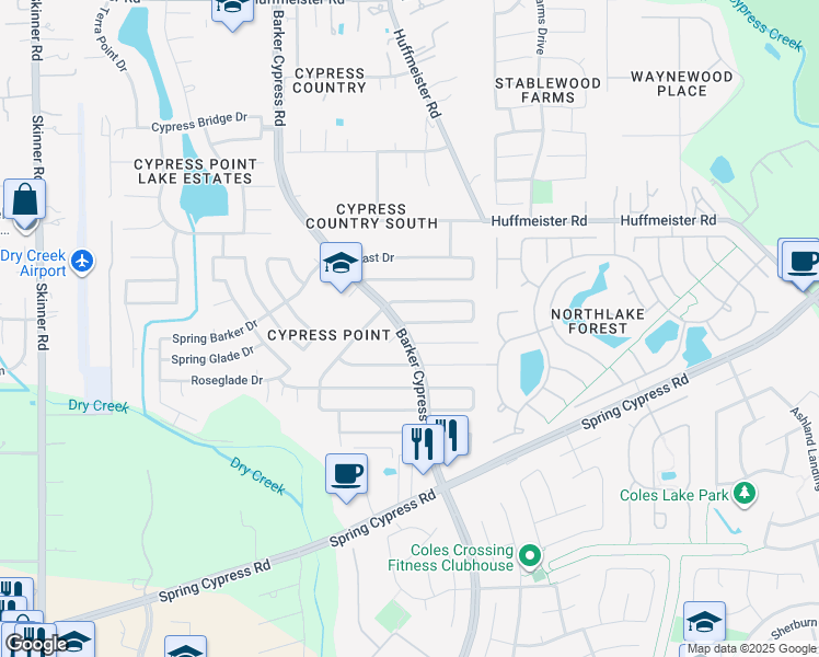 map of restaurants, bars, coffee shops, grocery stores, and more near 16223 Hilton Head Lane in Cypress
