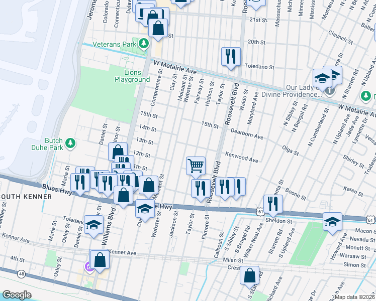 map of restaurants, bars, coffee shops, grocery stores, and more near 1236 Fairway Street in Kenner