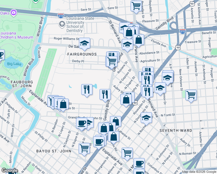 map of restaurants, bars, coffee shops, grocery stores, and more near 1751 Gentilly Boulevard in New Orleans