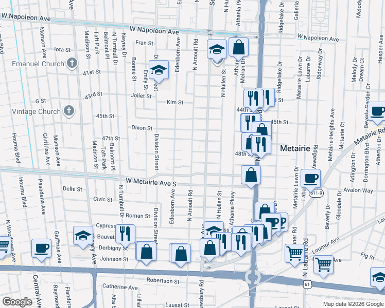 map of restaurants, bars, coffee shops, grocery stores, and more near 3614 East Bode Parkway in Metairie