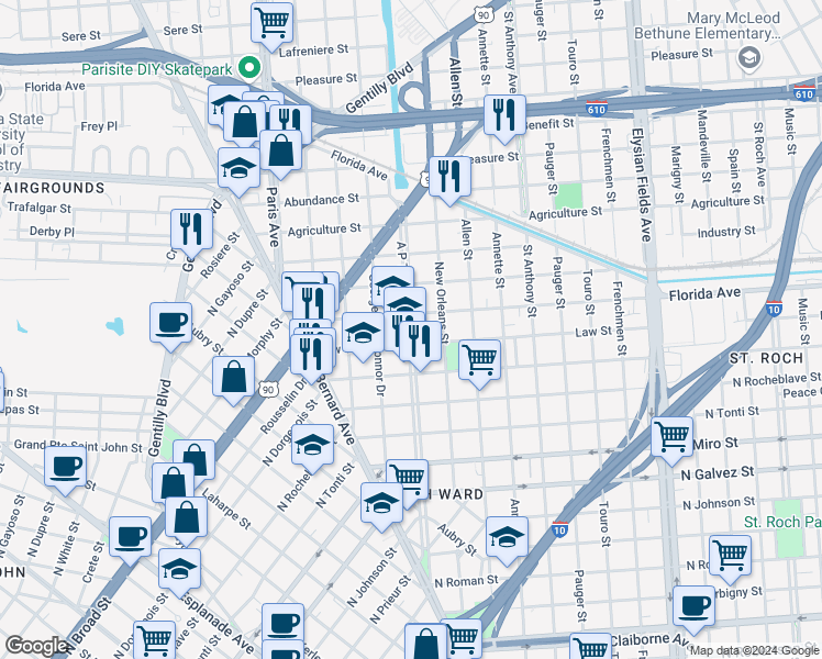 map of restaurants, bars, coffee shops, grocery stores, and more near 8 A P Tureaud Avenue in New Orleans