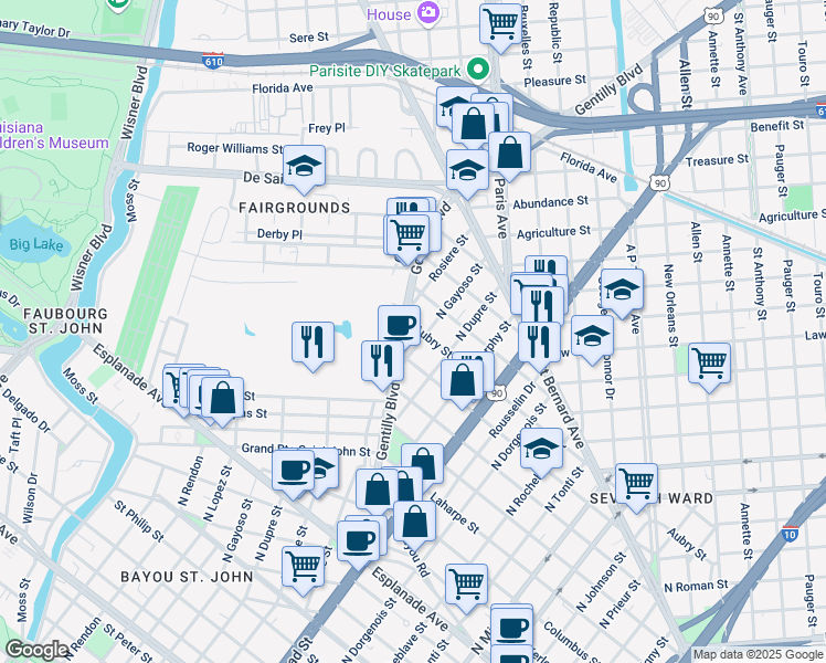 map of restaurants, bars, coffee shops, grocery stores, and more near 1726 Gentilly Boulevard in New Orleans
