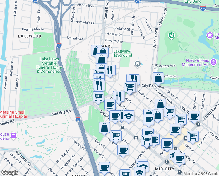 map of restaurants, bars, coffee shops, grocery stores, and more near 5120 Conti Street in New Orleans