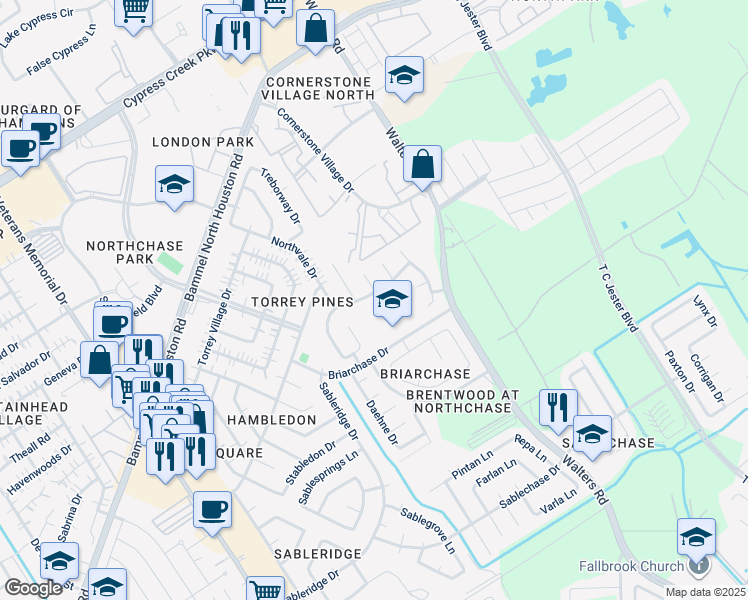 map of restaurants, bars, coffee shops, grocery stores, and more near 3915 Stableridge Drive in Houston