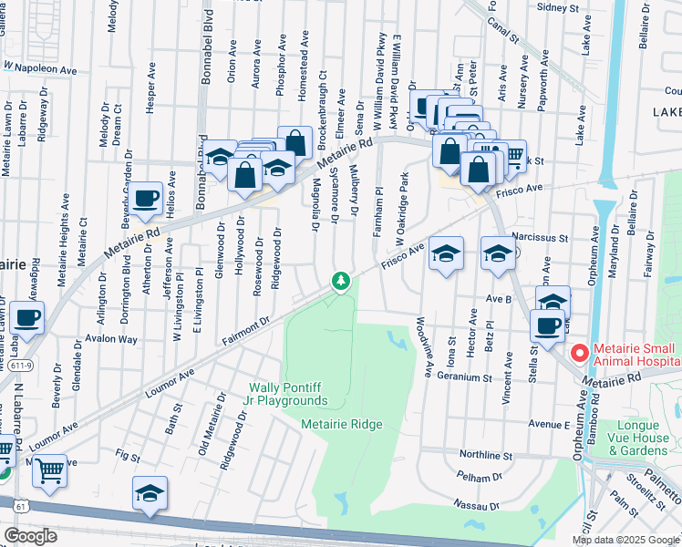map of restaurants, bars, coffee shops, grocery stores, and more near 223 Sycamore Drive in Metairie