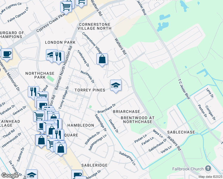map of restaurants, bars, coffee shops, grocery stores, and more near 3915 Stableridge Drive in Houston