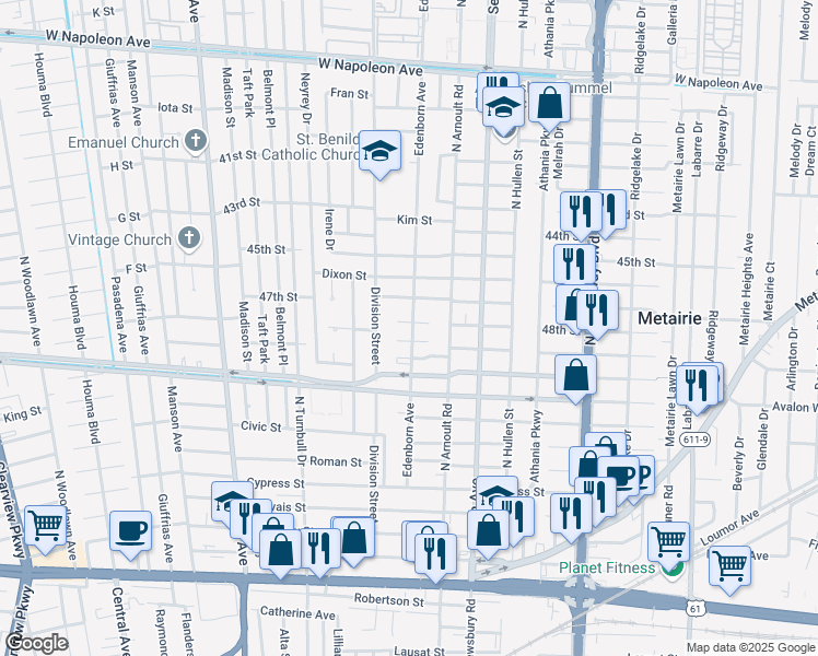map of restaurants, bars, coffee shops, grocery stores, and more near 3702 West Bode Parkway in Metairie