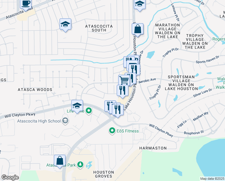 map of restaurants, bars, coffee shops, grocery stores, and more near 18311 Valiant Brook Court in Humble