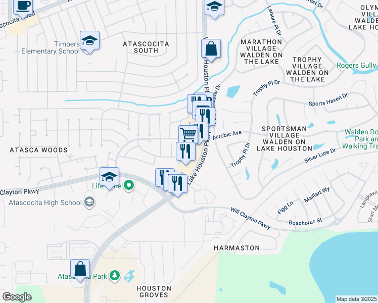map of restaurants, bars, coffee shops, grocery stores, and more near 18321 West Lake Houston Parkway in Atascocita