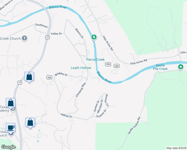 map of restaurants, bars, coffee shops, grocery stores, and more near 143 River Bend Road in Wimberley