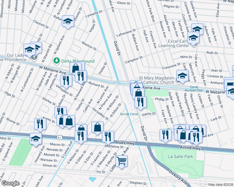 map of restaurants, bars, coffee shops, grocery stores, and more near 823 North Wilson Street in Metairie