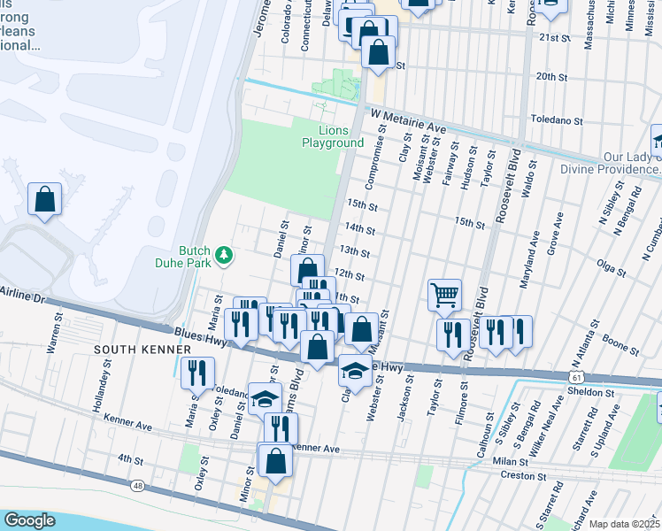 map of restaurants, bars, coffee shops, grocery stores, and more near 2112 12th Street in Kenner