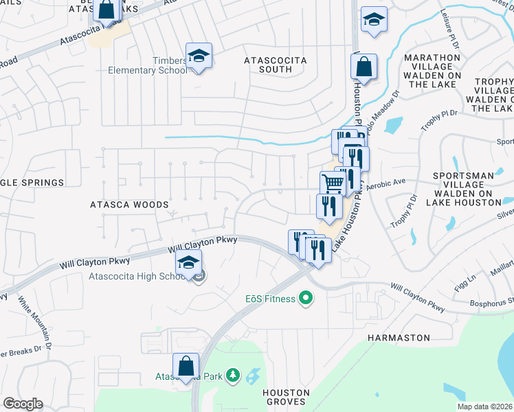 map of restaurants, bars, coffee shops, grocery stores, and more near 18222 Trinity Knoll Way in Humble