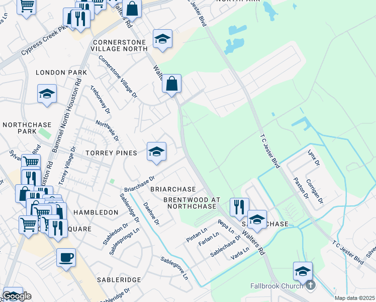 map of restaurants, bars, coffee shops, grocery stores, and more near 14005 Walters Road in Houston