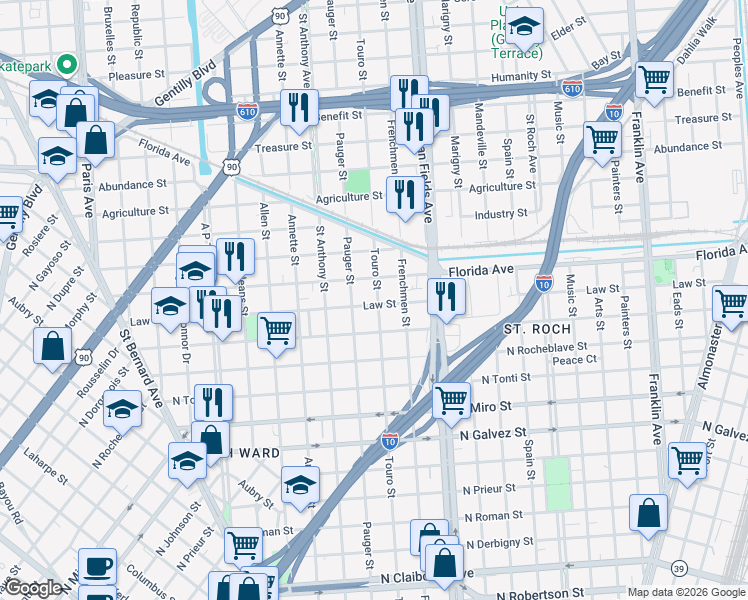 map of restaurants, bars, coffee shops, grocery stores, and more near 2144 Law Street in New Orleans