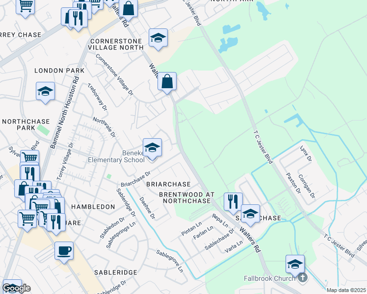 map of restaurants, bars, coffee shops, grocery stores, and more near 14005 Walters Road in Houston
