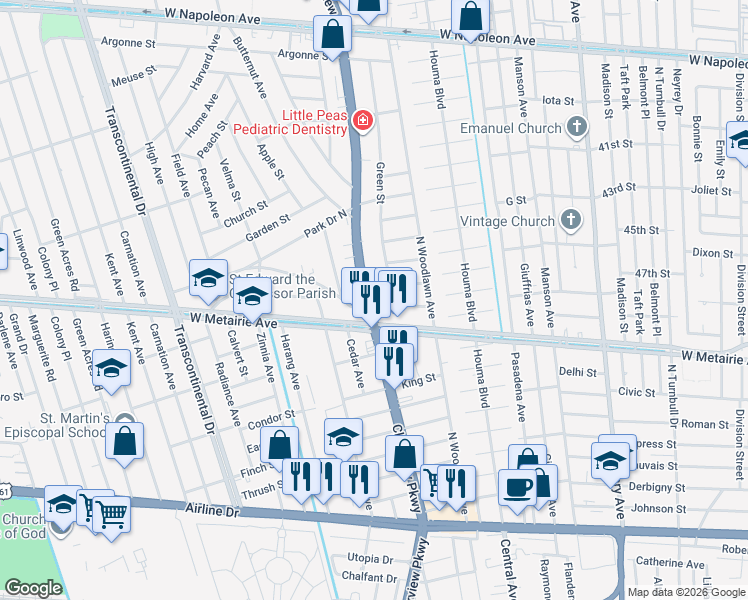 map of restaurants, bars, coffee shops, grocery stores, and more near 4445 Perkins Street in Metairie
