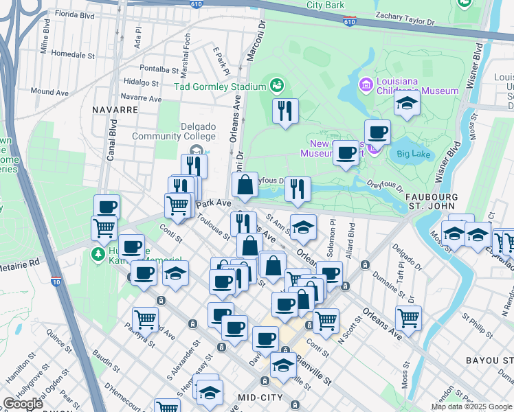map of restaurants, bars, coffee shops, grocery stores, and more near 6823 Saint Ann Street in New Orleans