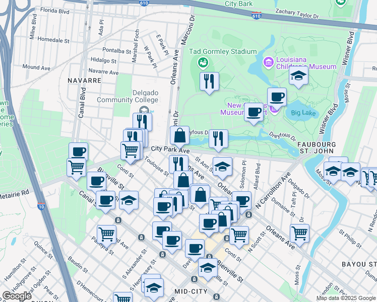 map of restaurants, bars, coffee shops, grocery stores, and more near 6823 Saint Ann Street in New Orleans