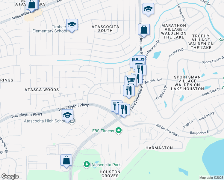 map of restaurants, bars, coffee shops, grocery stores, and more near 18315 Atasca Woods Trace in Humble