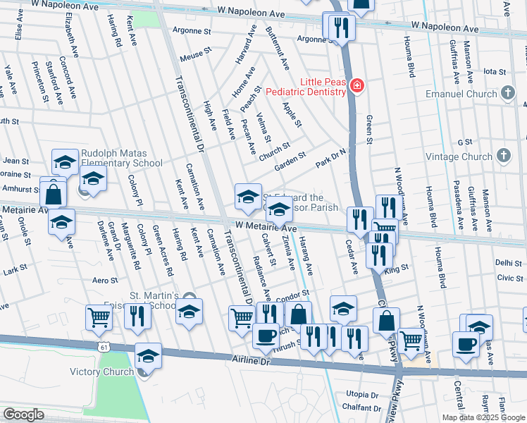 map of restaurants, bars, coffee shops, grocery stores, and more near 4817 West Metairie Avenue in Metairie