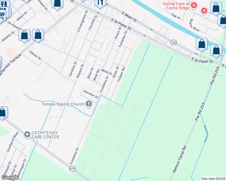 map of restaurants, bars, coffee shops, grocery stores, and more near 529 Silver Street in New Iberia