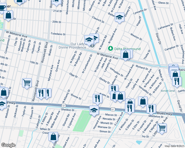 map of restaurants, bars, coffee shops, grocery stores, and more near 528 North Upland Avenue in Metairie