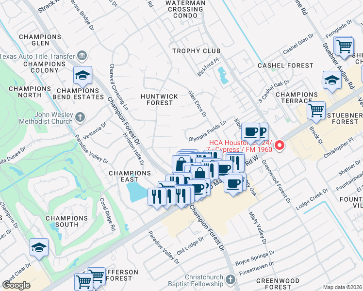 map of restaurants, bars, coffee shops, grocery stores, and more near 5407 Coral Ridge Road in Houston