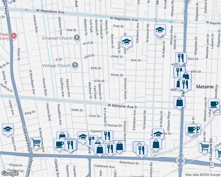 map of restaurants, bars, coffee shops, grocery stores, and more near 1001 Neyrey Drive in Metairie