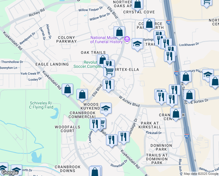 map of restaurants, bars, coffee shops, grocery stores, and more near 132 West Airtex Boulevard in Houston