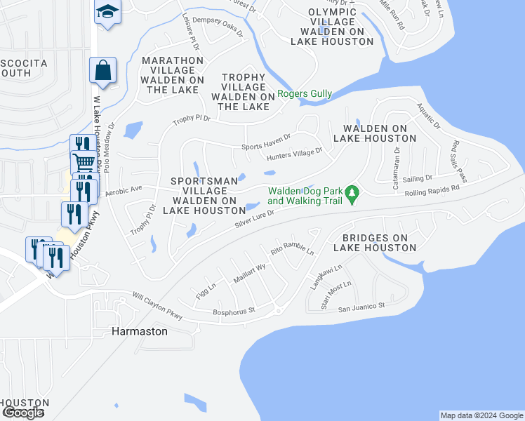 map of restaurants, bars, coffee shops, grocery stores, and more near 8219 Silver Lure Drive in Humble