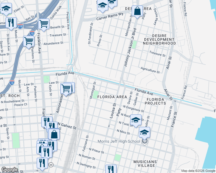map of restaurants, bars, coffee shops, grocery stores, and more near 3110 Laussat Place in New Orleans