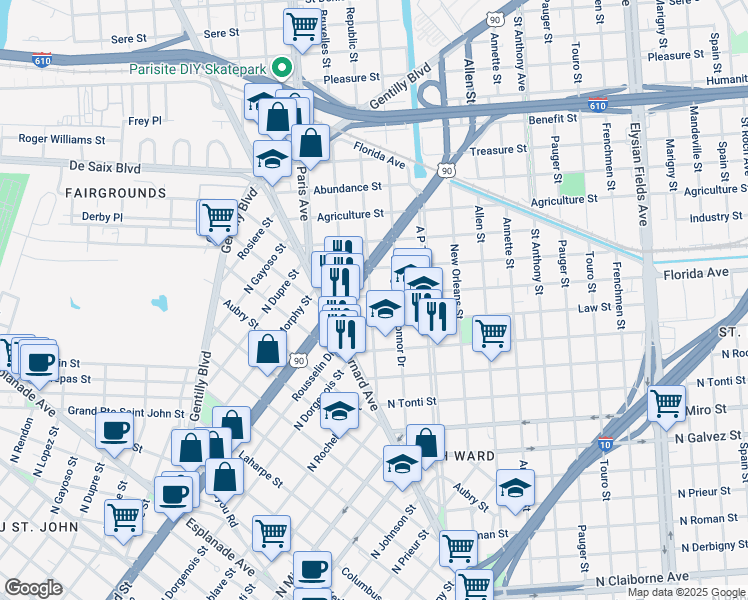 map of restaurants, bars, coffee shops, grocery stores, and more near 2620 Republic Street in New Orleans