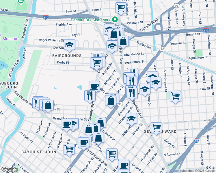 map of restaurants, bars, coffee shops, grocery stores, and more near 1763 North Dupre Street in New Orleans
