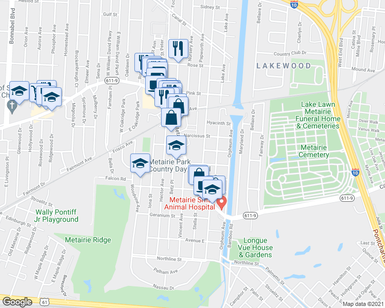 map of restaurants, bars, coffee shops, grocery stores, and more near 204 Carrollton Avenue in Metairie