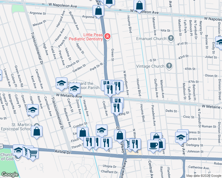 map of restaurants, bars, coffee shops, grocery stores, and more near 4445 Perkins Street in Metairie
