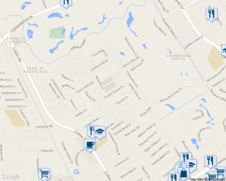 map of restaurants, bars, coffee shops, grocery stores, and more near 6623 Prairie Dunes Drive in Houston