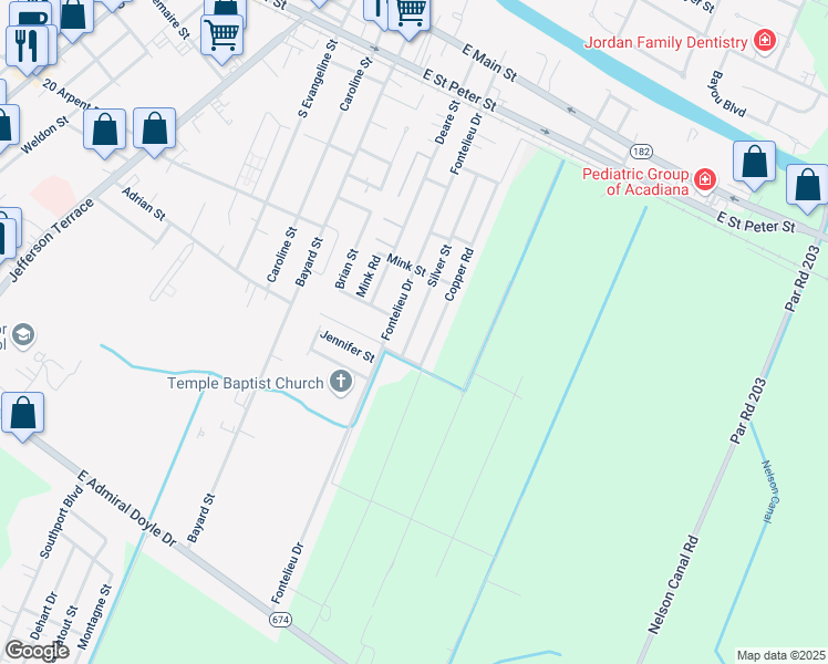 map of restaurants, bars, coffee shops, grocery stores, and more near 530 Silver Street in New Iberia