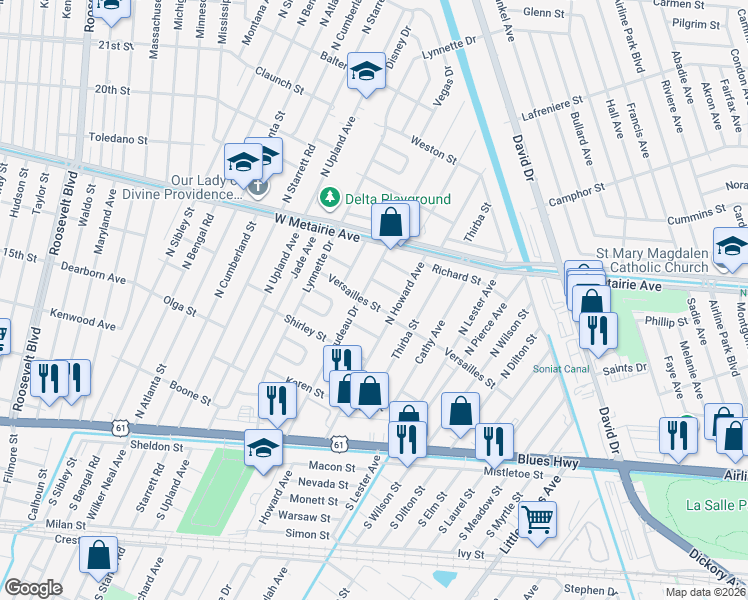 map of restaurants, bars, coffee shops, grocery stores, and more near 613 Trudeau Drive in Metairie