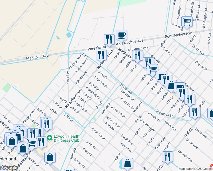 map of restaurants, bars, coffee shops, grocery stores, and more near 411 South 1st 1/2 Street in Nederland