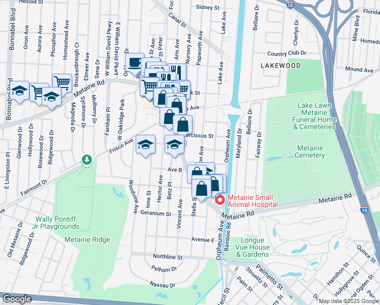 map of restaurants, bars, coffee shops, grocery stores, and more near 204 Carrollton Avenue in Metairie